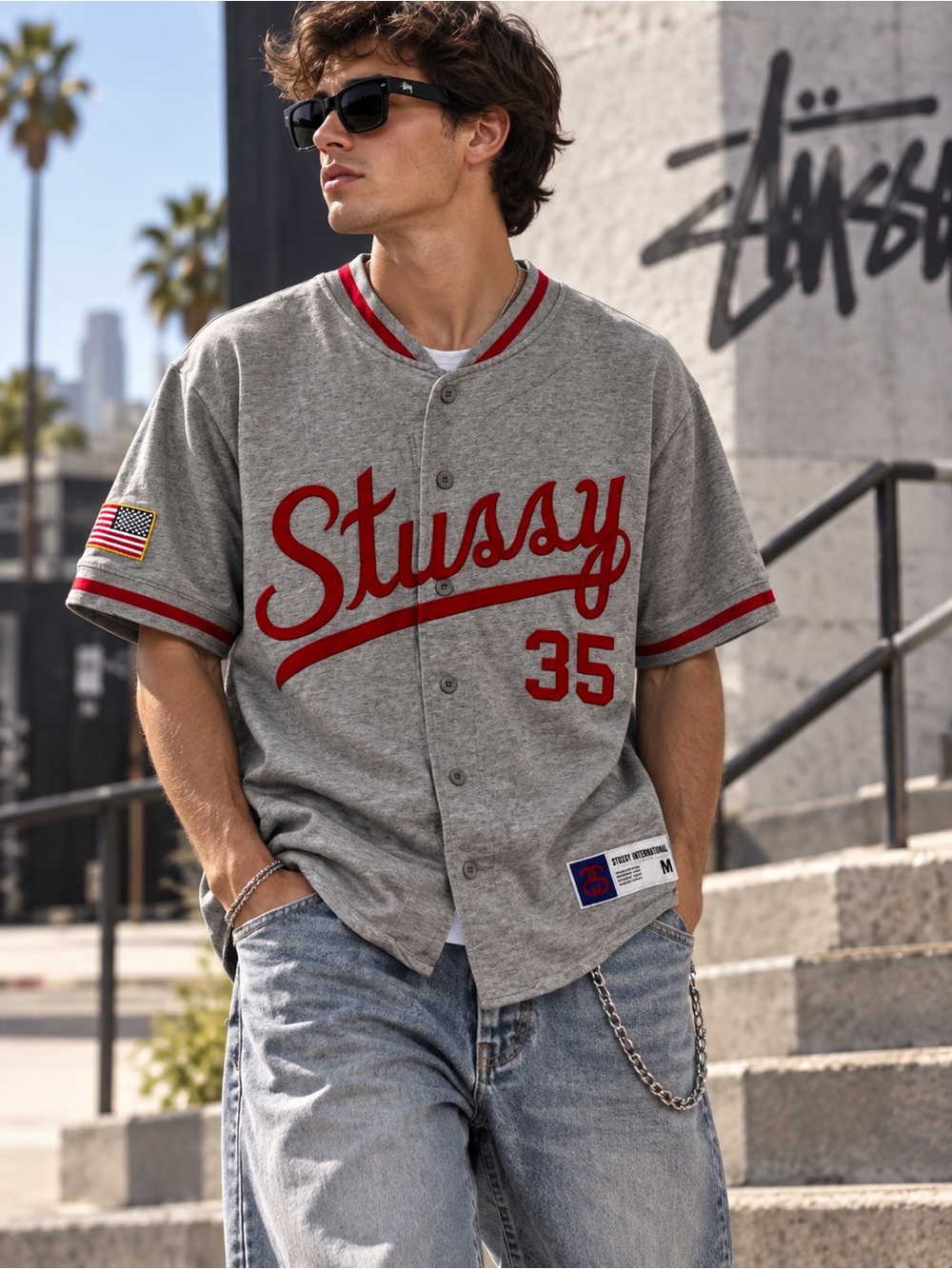 Stussy Grey & Red Baseball Button-Front Shirt